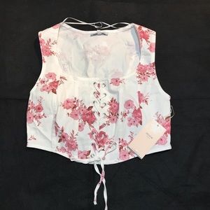 Women’s White with Pink Pastel Floral Lace Up Corset Cropped Top Sleeveless